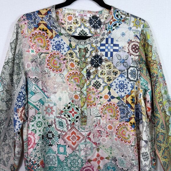 Johnny Was Signature Silk Colorful Abstract Patchwork Jessner Tunic Blouse Top M - Picture 4 of 15